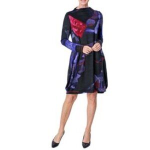 New Marallis Black Blue Balloon Dress Long Sleeve Mock Neck Size Medium bin 1C